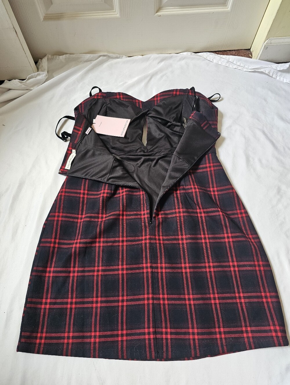 Avec Les Filles Size 8 Red Black Plaid Bustier Mini Dress with Bow - Picture 14 of 16